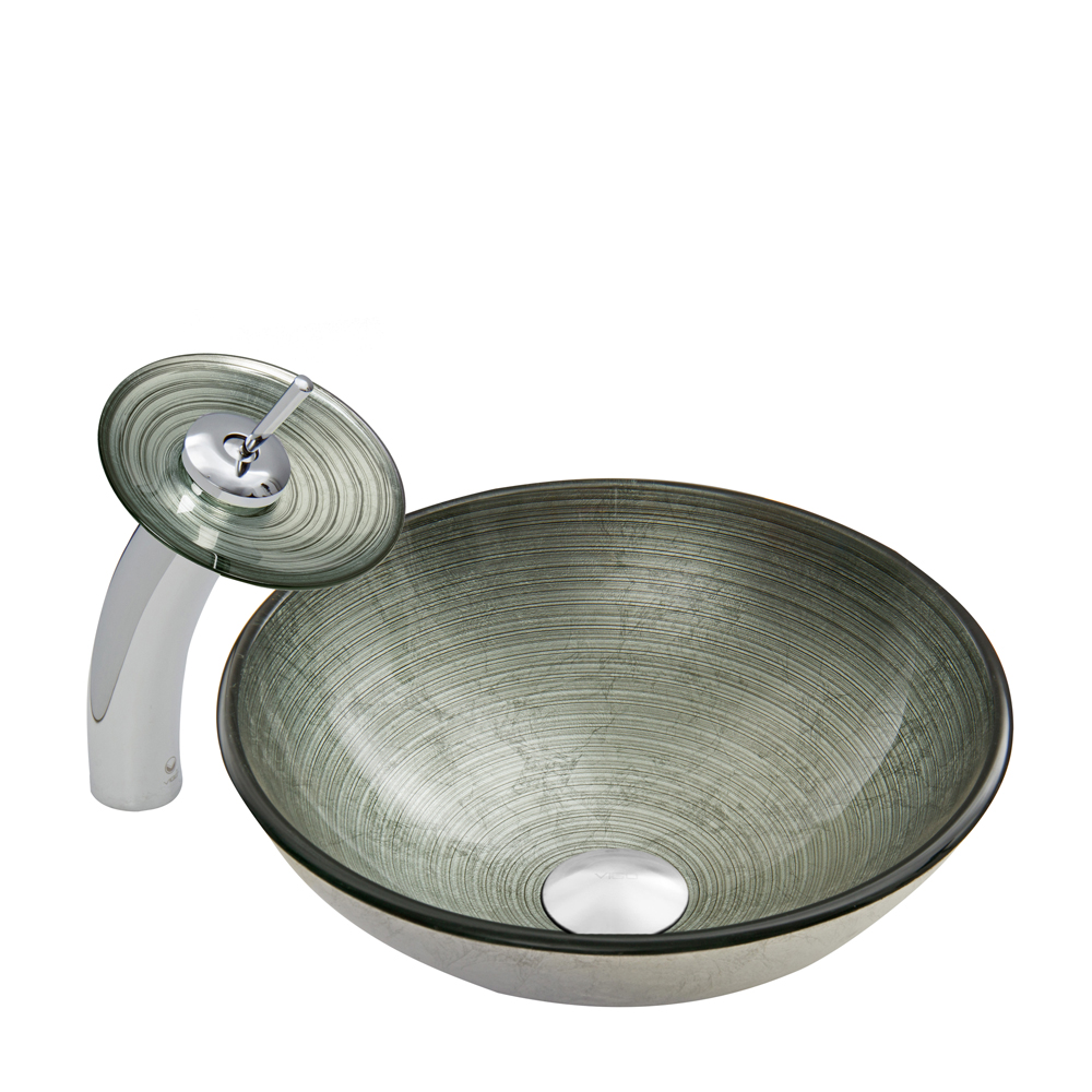 Simply Silver Glass Vessel Sink and Waterfall Faucet Set in Chrome Finish