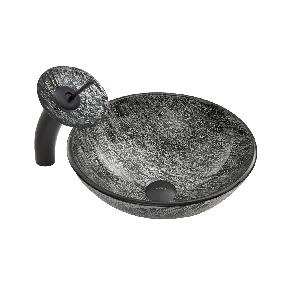 Titanium Glass Vessel Sink and Waterfall Faucet Set in Matte Black Finish