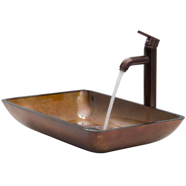 Rectangular Russet Glass Vessel Sink and Faucet Set in Oil Rubbed Bronze