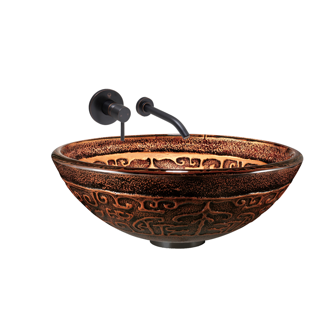 Golden Greek Glass Vessel Sink and Olus Wall Mount Faucet Set in Antique Rubbed Bronze