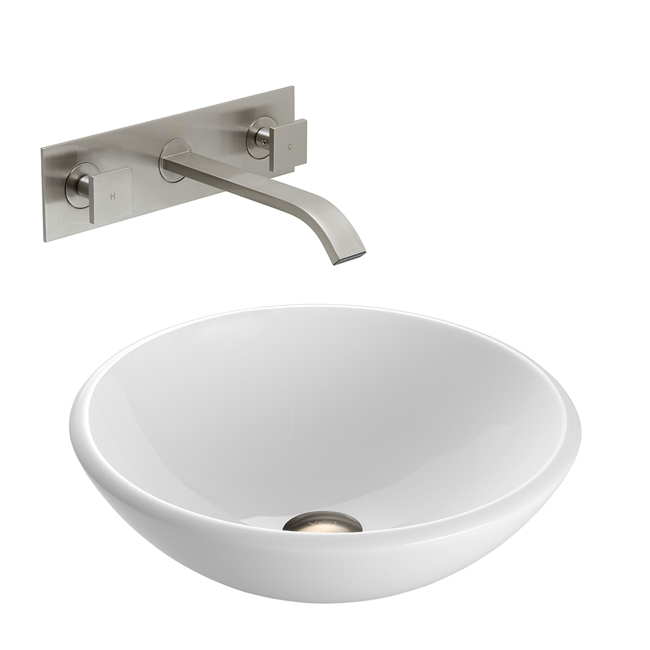 White Phoenix Stone Glass Vessel Sink with Brushed Nickel Wall Mount Faucet
