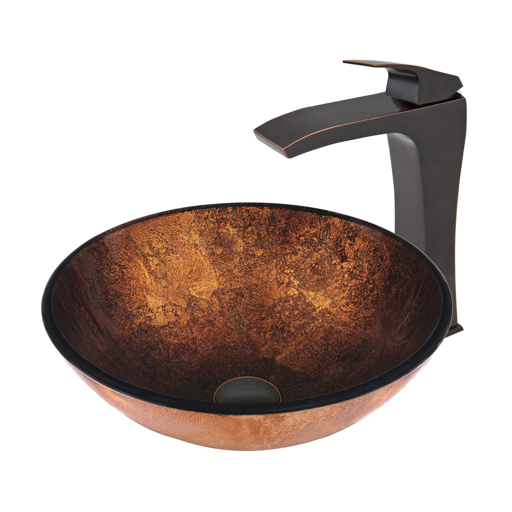Russet Glass Vessel Sink and Blackstonian Faucet Set in Antique Rubbed Bronze