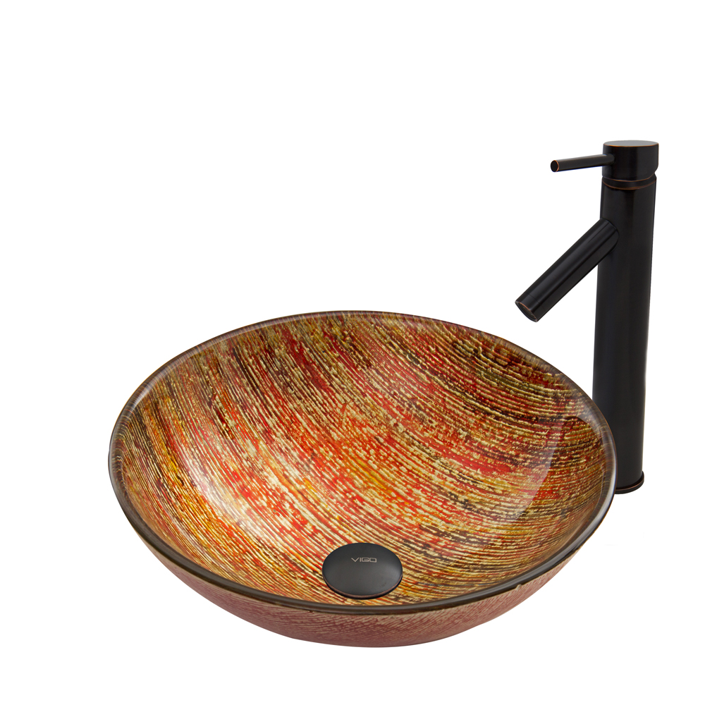 Blazing Fire Glass Vessel Sink and Dior Faucet Set in Antique Rubbed Bronze