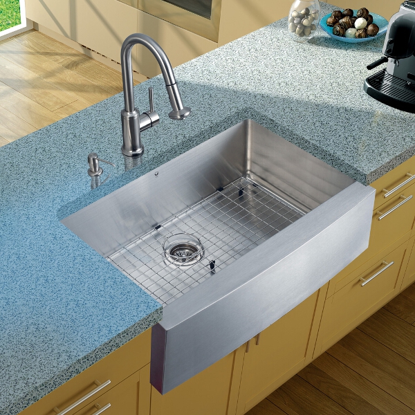 Farmhouse Stainless Steel Kitchen Sink, Faucet, Grid, Strainer and Dispenser