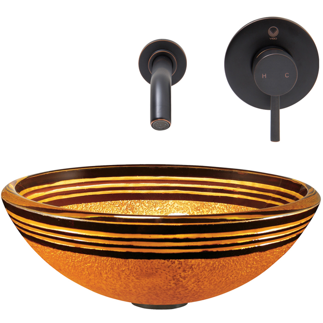 Tangerine Glass Vessel Sink and Olus Wall Mount Faucet Set in Antique Rubbed Bronze