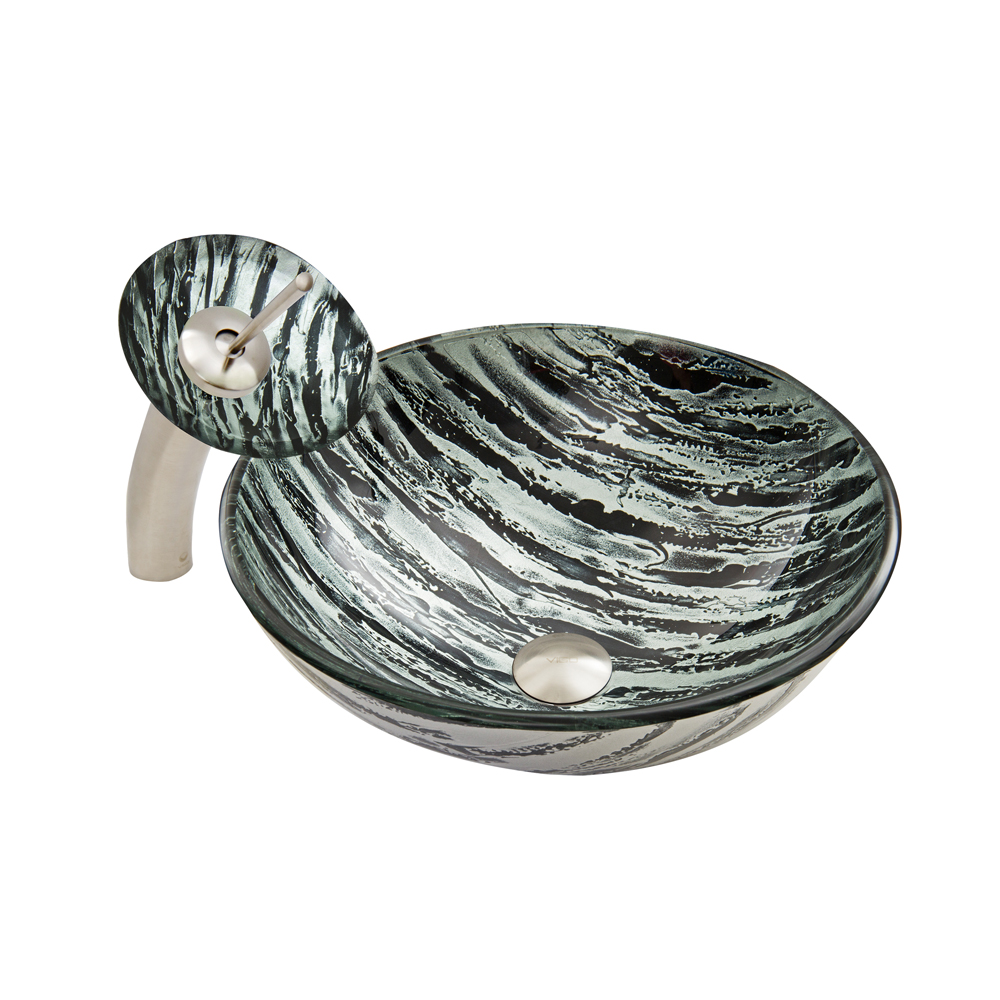 Rising Moon Glass Vessel Sink and Waterfall Faucet Set in Brushed Nickel Finish