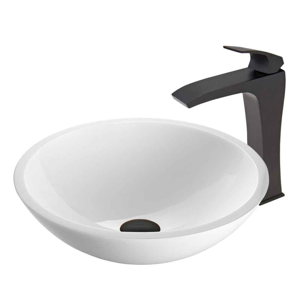 Flat Edged White Phoenix Stone Glass Vessel Sink and Blackstonian Faucet Set in Matte Black