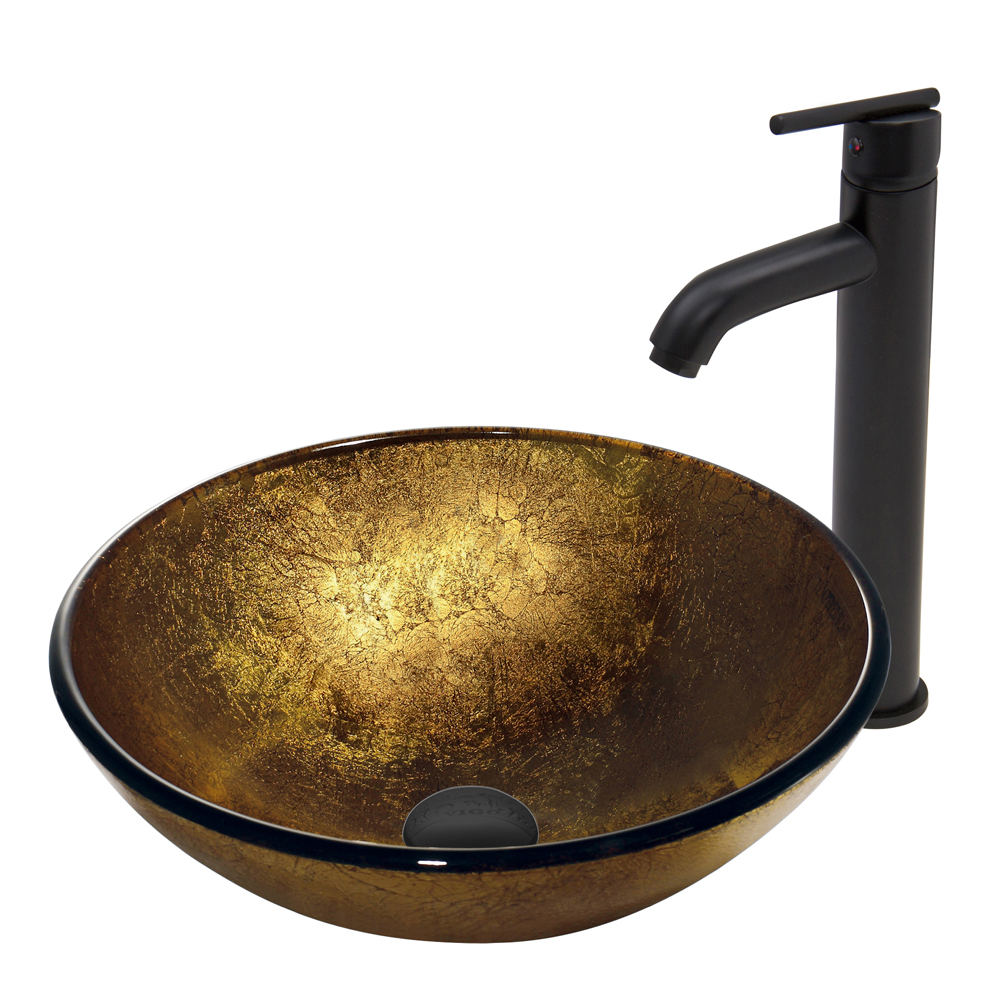 Liquid Gold Glass Vessel Sink and Seville Faucet Set in Matte Black