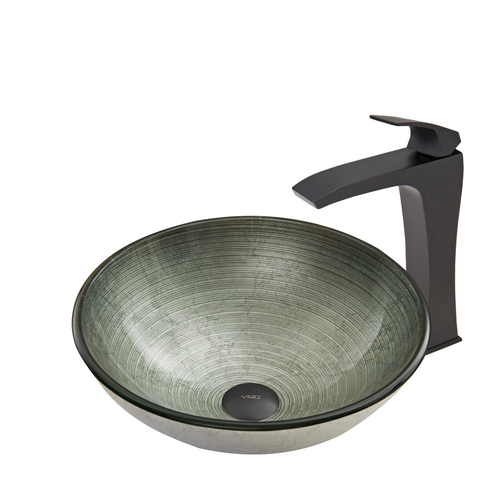 Simply Silver Glass Vessel Sink and Blackstonian Faucet Set in Matte Black