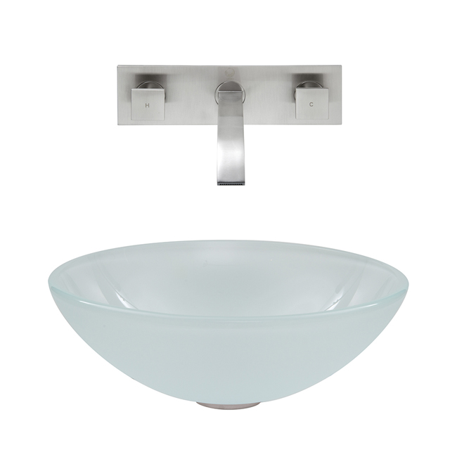 White Frost Vessel Sink and Wall Mount Faucet Set in Brushed Nickel