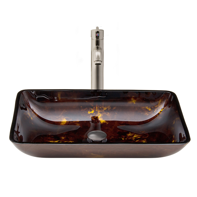 Rectangular Brown and Gold Fusion Glass Vessel Sink and Faucet Set in Brushed Nickel