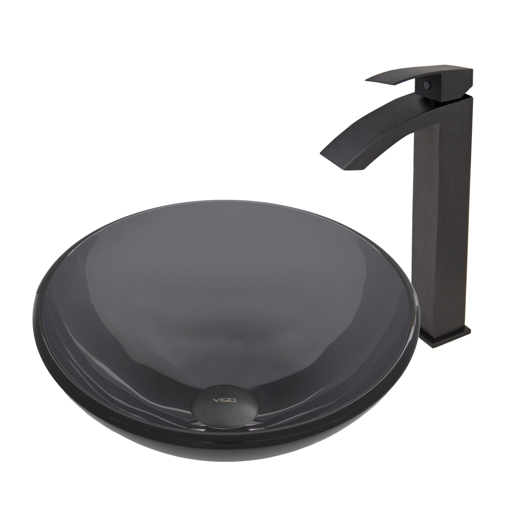 Sheer Black Glass Vessel Sink and Duris Faucet Set in Matte Black