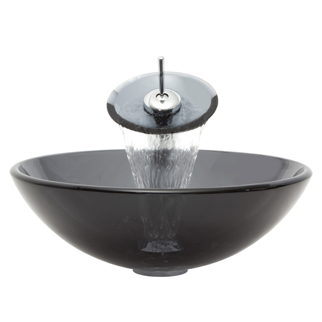 Sheer Black Glass Vessel Sink and Waterfall Faucet Set in Chrome