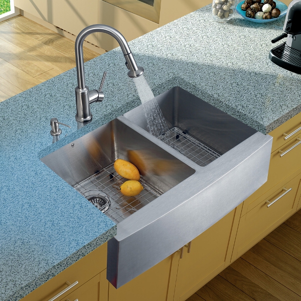 Farmhouse Stainless Steel Kitchen Sink, Faucet, Two Grids, Two Strainers and Dispenser