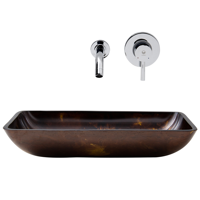 Rectangular Brown and Gold Fusion Glass Vessel Sink and Wall Mount Faucet Set in Chrome