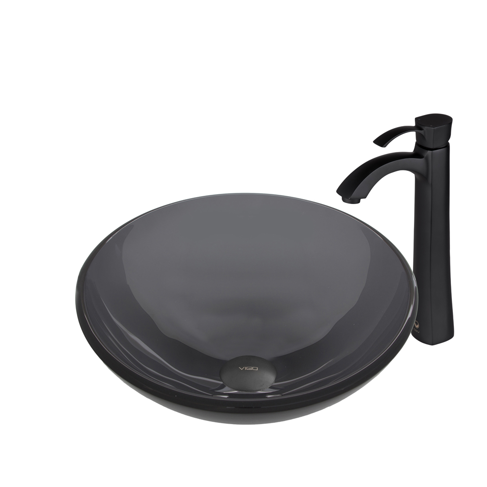 Sheer Black Glass Vessel Sink and Otis Faucet Set in Matte Black