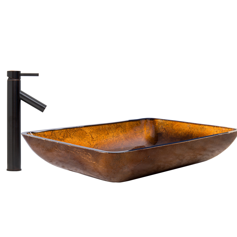 Rectangular Russet Glass Vessel Sink and Dior Faucet Set in Antique Rubbed Bronze