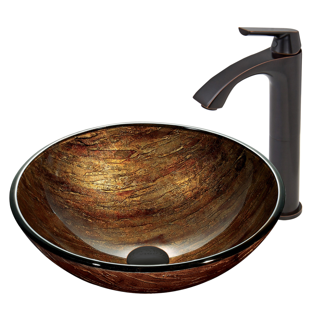 Amber Sunset Glass Vessel Sink and Linus Faucet Set in Antique Rubbed Bronze