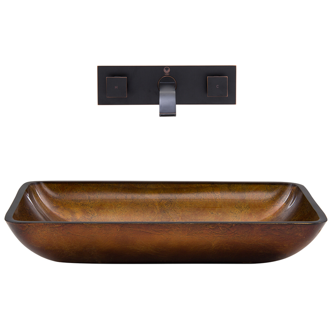 Rectangular Russet Glass Vessel Sink and Wall Mount Faucet Set in Antique Rubbed Bronze