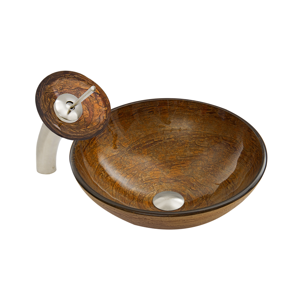 Cappuccino Swirl Glass Vessel Sink and Waterfall Faucet Set in Brushed Nickel Finish