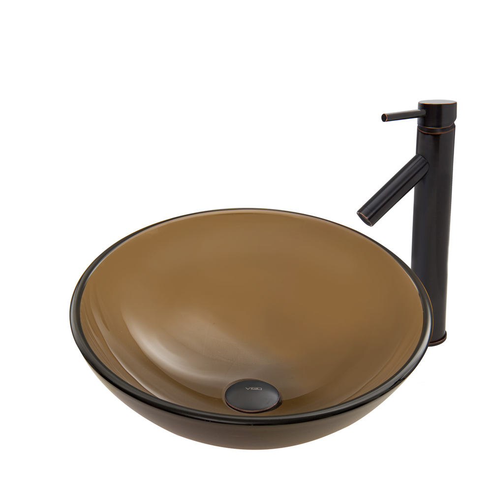 Sheer Sepia Frosted Glass Vessel Sink and Dior Faucet Set in Antique Rubbed Bronze