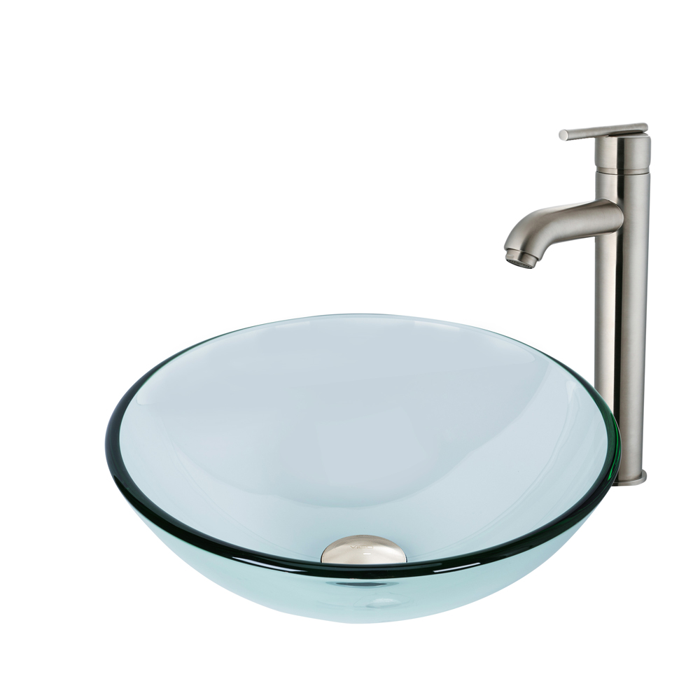 Crystalline Glass Vessel Sink and Seville Vessel Faucet Set in Brushed Nickel