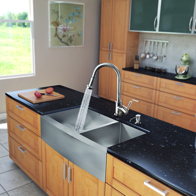 All in One 36-inch Farmhouse Stainless Steel Double Bowl Kitchen Sink and Chrome Faucet Set