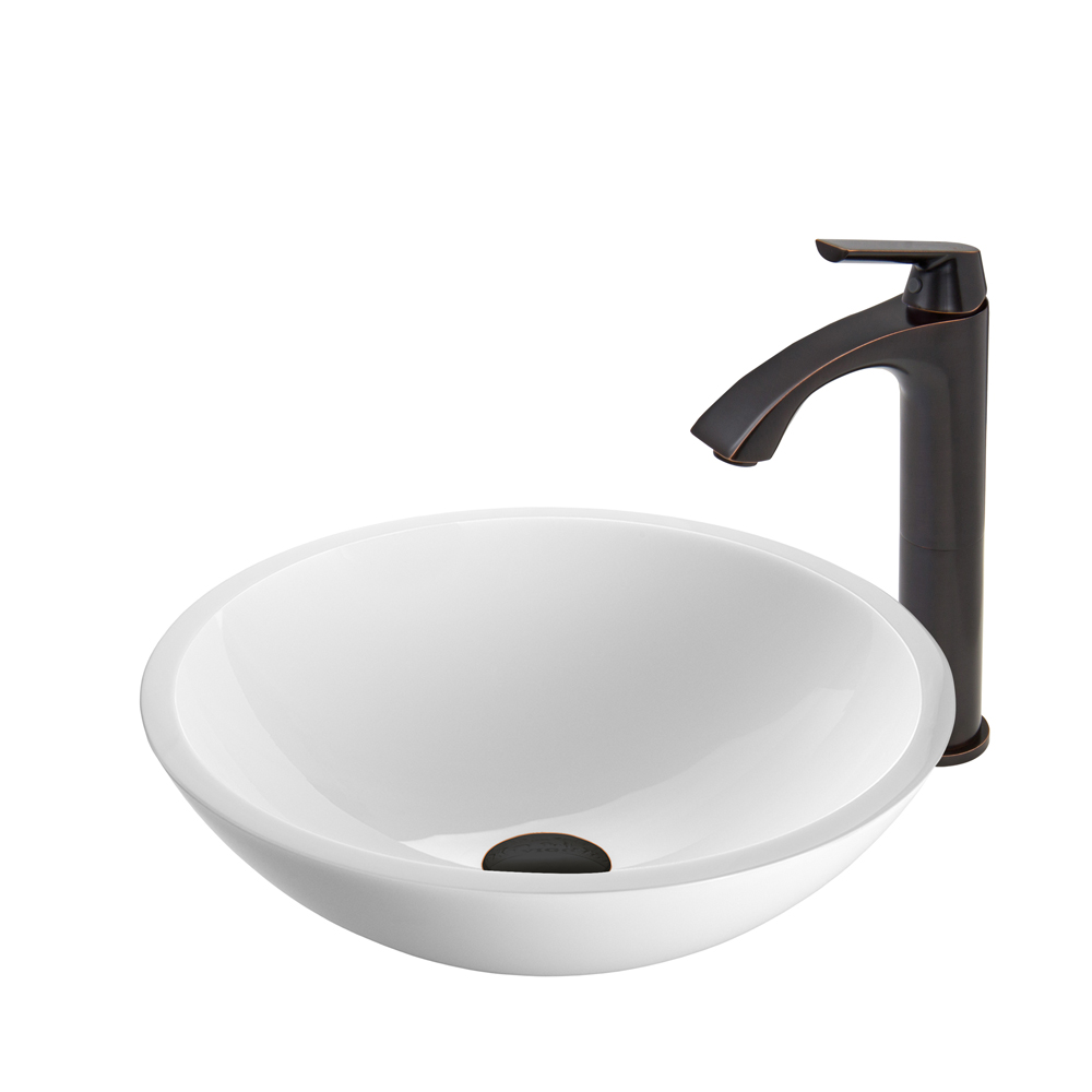 Flat Edged White Phoenix Stone Glass Vessel Sink and Linus Faucet Set in Antique Rubbed Bronze