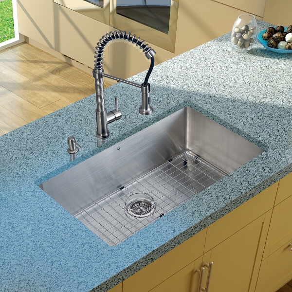 Undermount Stainless Steel Kitchen Sink, Faucet, Grid, Strainer and Dispenser