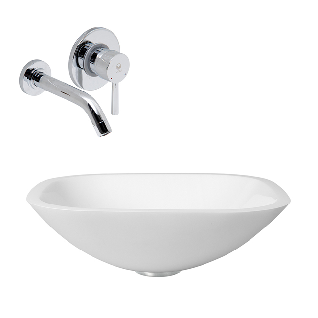 Square Shaped White Phoenix Stone Glass Vessel Sink with Chrome Wall Mount Faucet