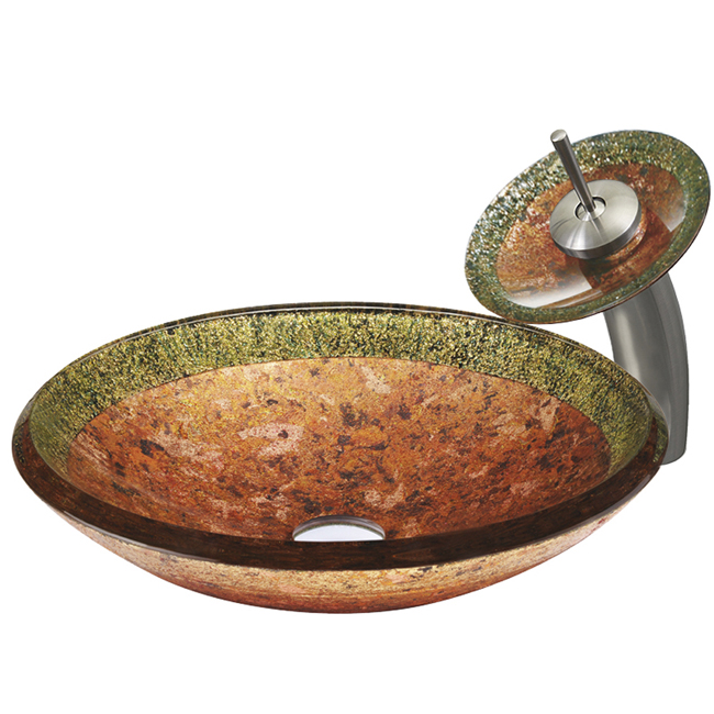 Janus Glass Vessel Sink and Waterfall Faucet Set in Brushed Nickel