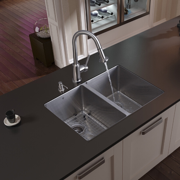 Undermount Stainless Steel Kitchen Sink, Faucet, Two Grids, Two Strainers and Dispenser