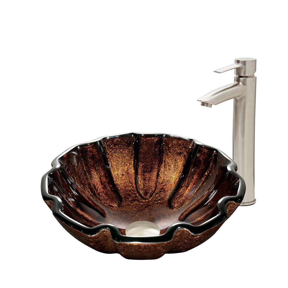 Walnut Shell Glass Vessel Sink and Shadow Faucet Set in Brushed Nickel