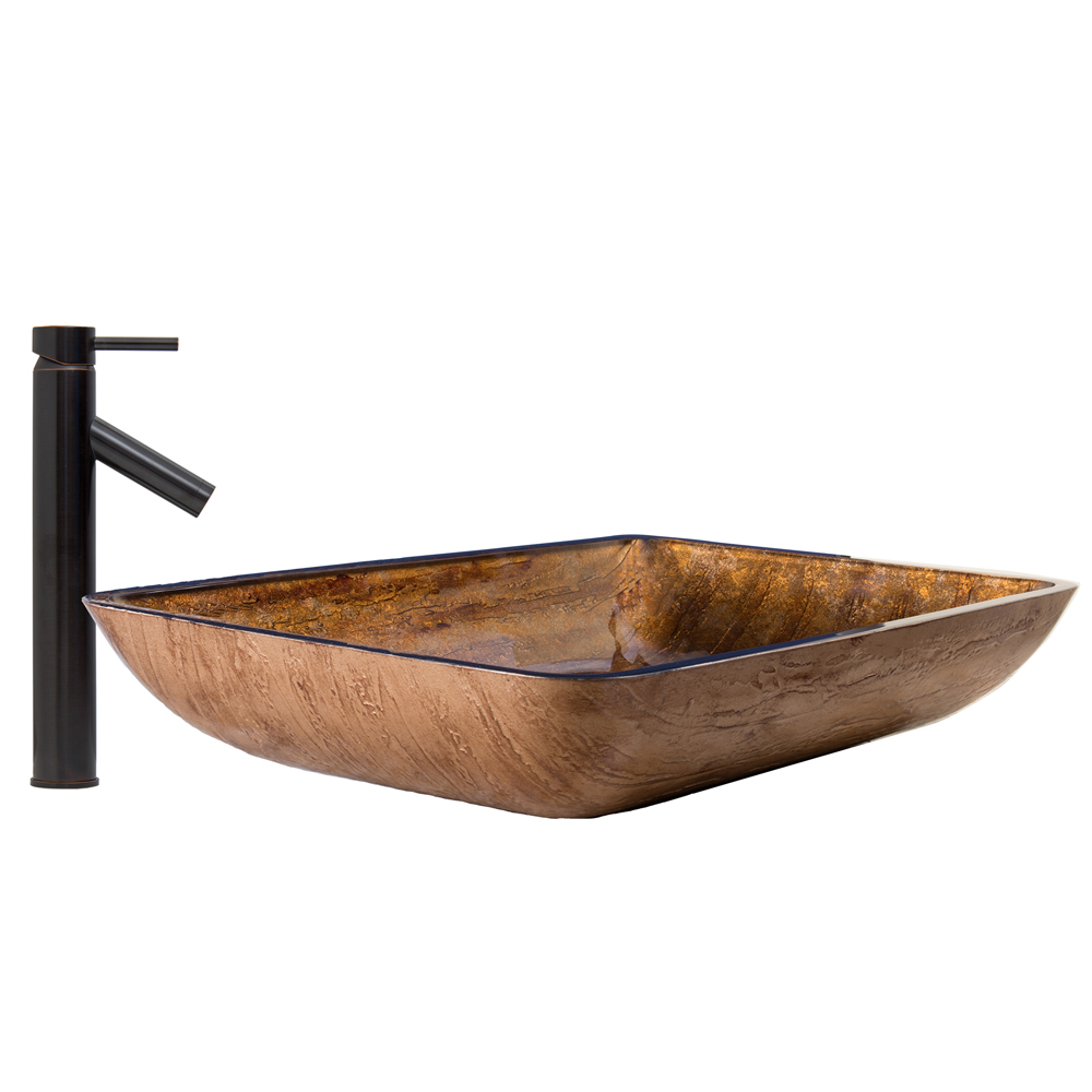 Rectangular Amber Sunset Glass Vessel Sink and Dior Faucet Set in Antique Rubbed Bronze
