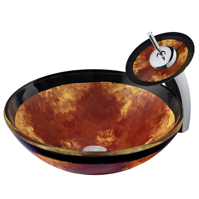 Auburn/Mocha Fusion Glass Vessel Sink and Waterfall Faucet Set in Chrome