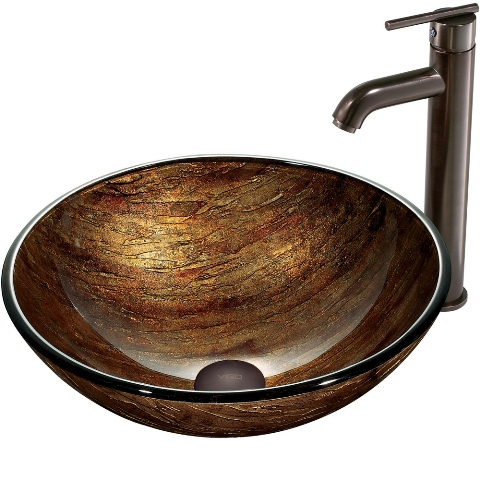 Amber Sunset Glass Vessel Sink and Faucet Set in Oil Rubbed Bronze