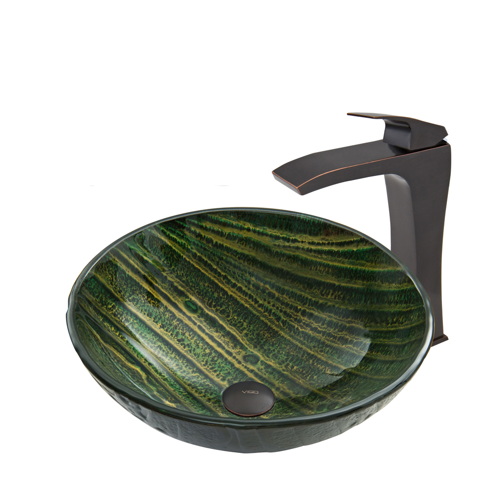 Green Asteroid Glass Vessel Sink and Blackstonian Faucet Set in Antique Rubbed Bronze