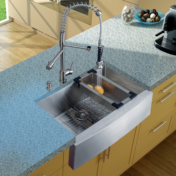 Farmhouse Stainless Steel Kitchen Sink, Faucet, Colander, Grid, Strainer and Dispenser