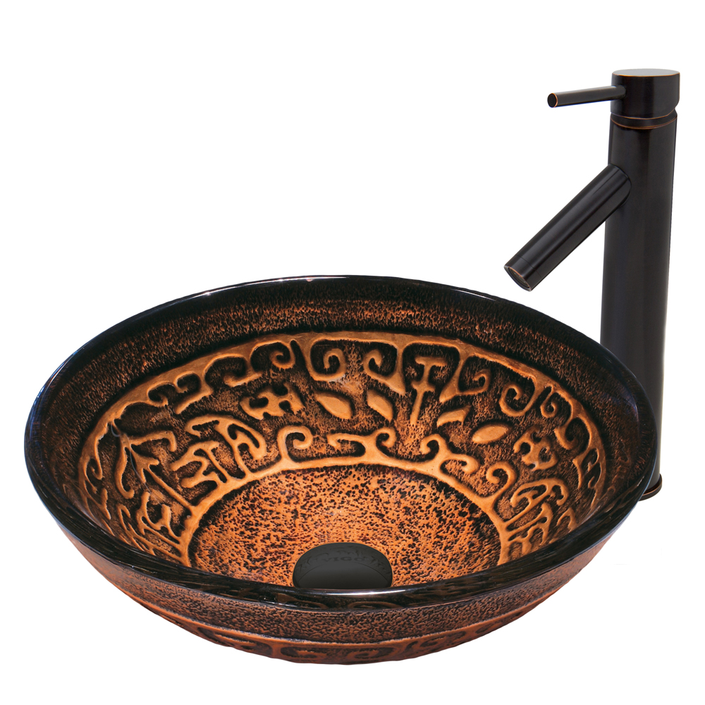 Golden Greek Glass Vessel Sink and Dior Faucet Set in Antique Rubbed Bronze