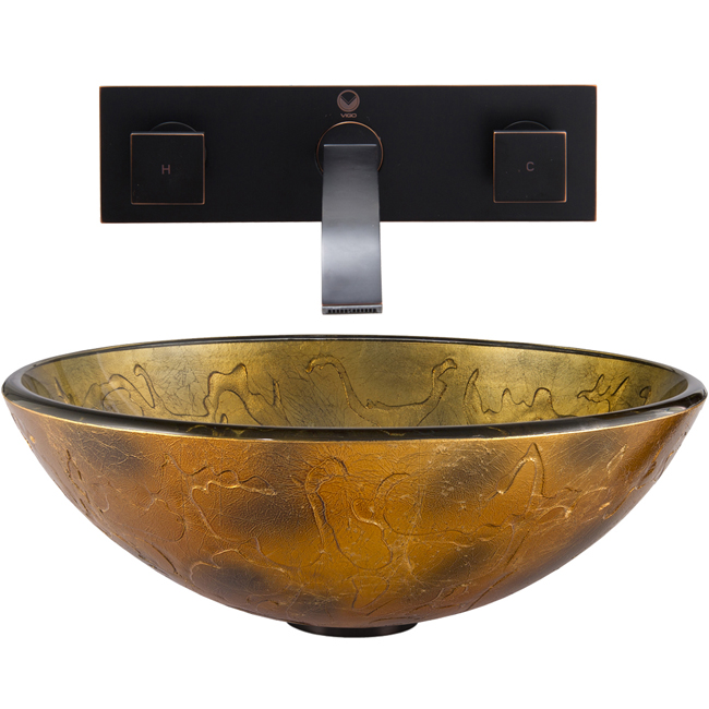 Copper Shapes Glass Vessel Sink and Titus Wall Mount Faucet Set in Antique Rubbed Bronze