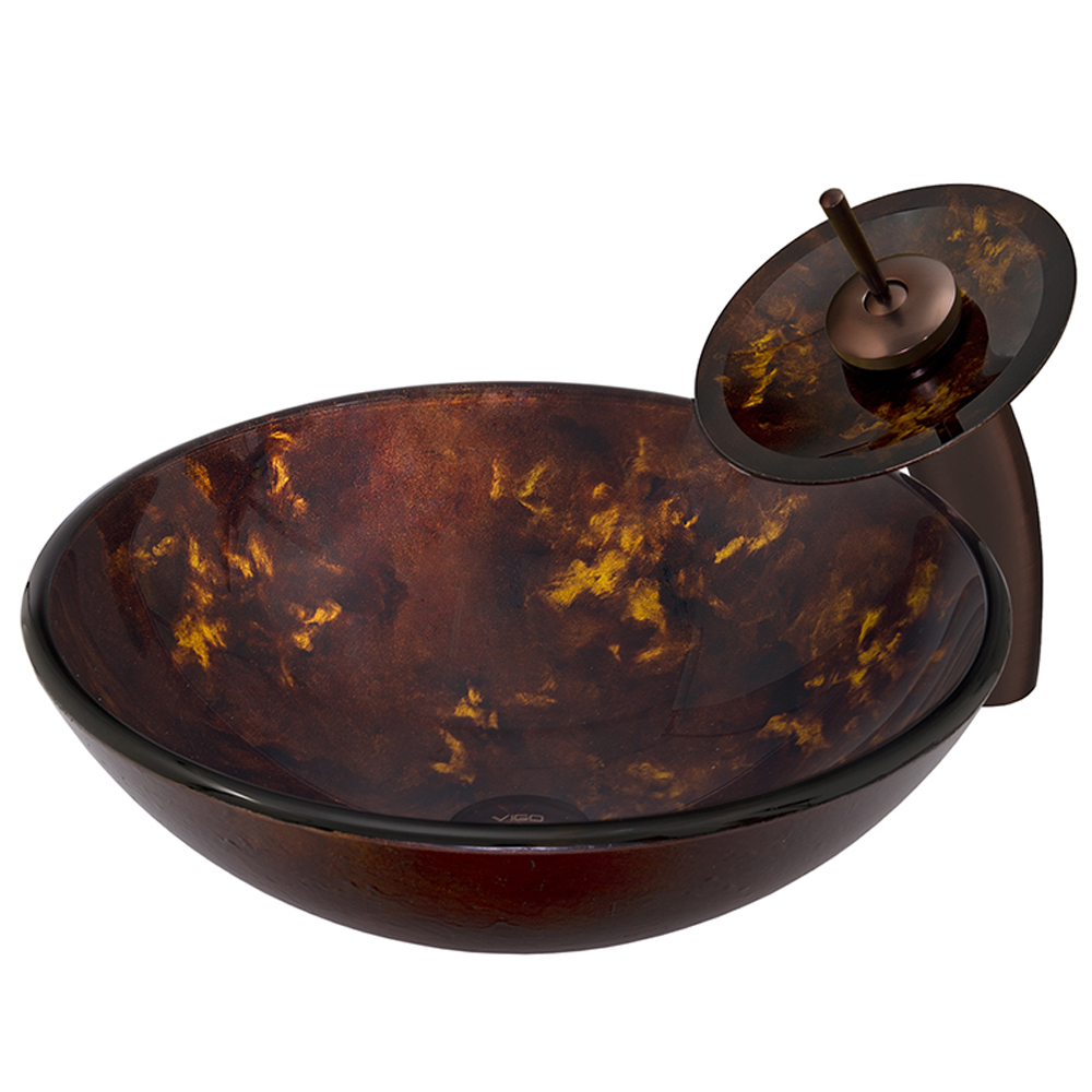 Brown and Gold Fusion Glass Vessel Sink and Waterfall Faucet Set in Oil Rubbed Bronze