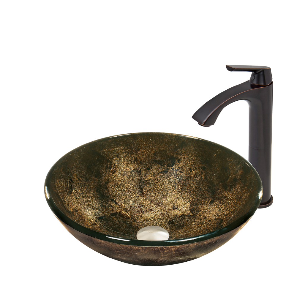 Sintra Glass Vessel Sink  and Linus Faucet Set in Antique Rubbed Bronze