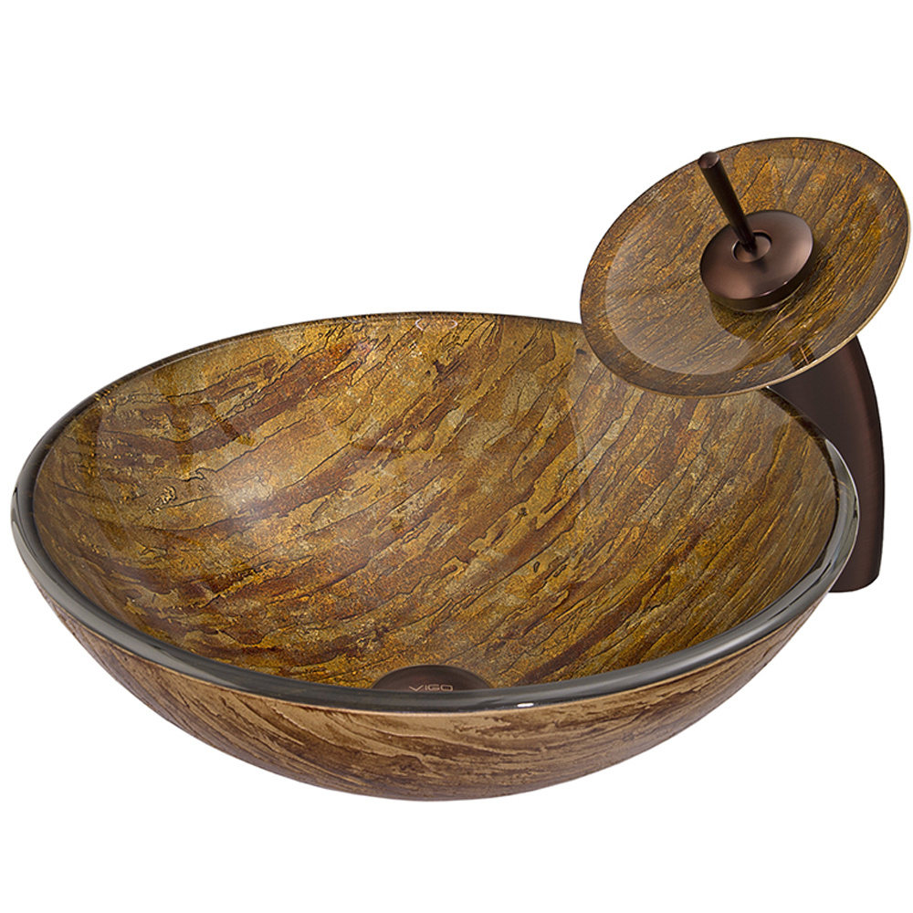 Amber Sunset Glass Vessel Sink and Waterfall Faucet Set in Oil Rubbed Bronze
