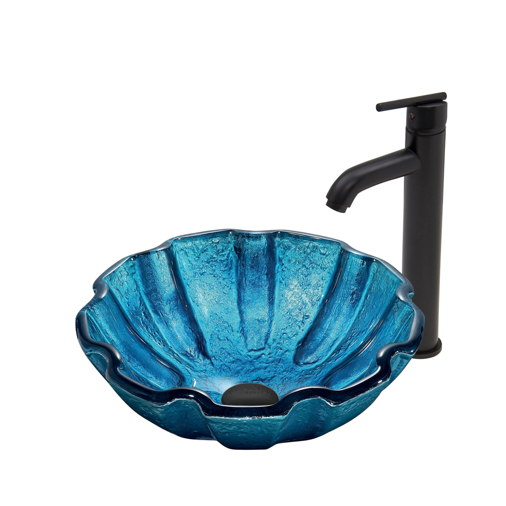 Mediterranean Seashell Glass Vessel Sink and Seville Faucet Set in Matte Black