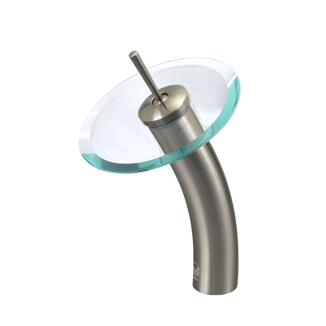 Waterfall Faucet with Clear Glass Disc in Brushed Nickel