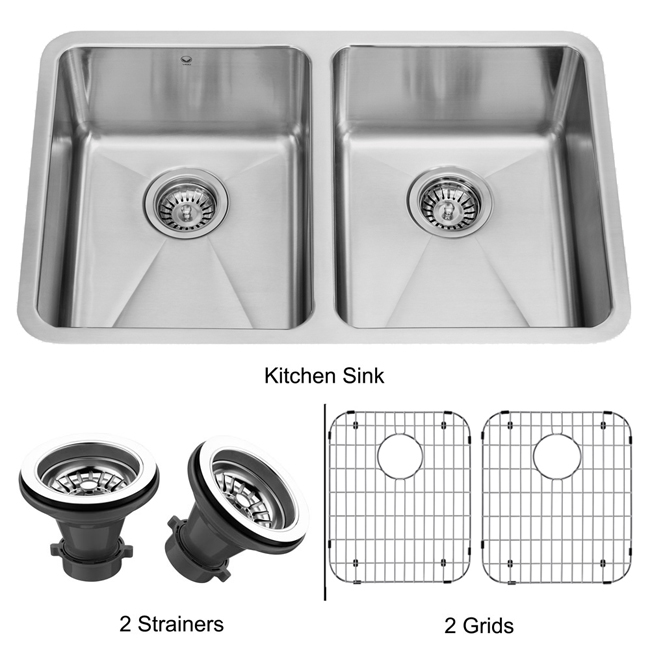 29-inch Undermount Stainless Steel Kitchen Sink, Two Grids and Two Strainers
