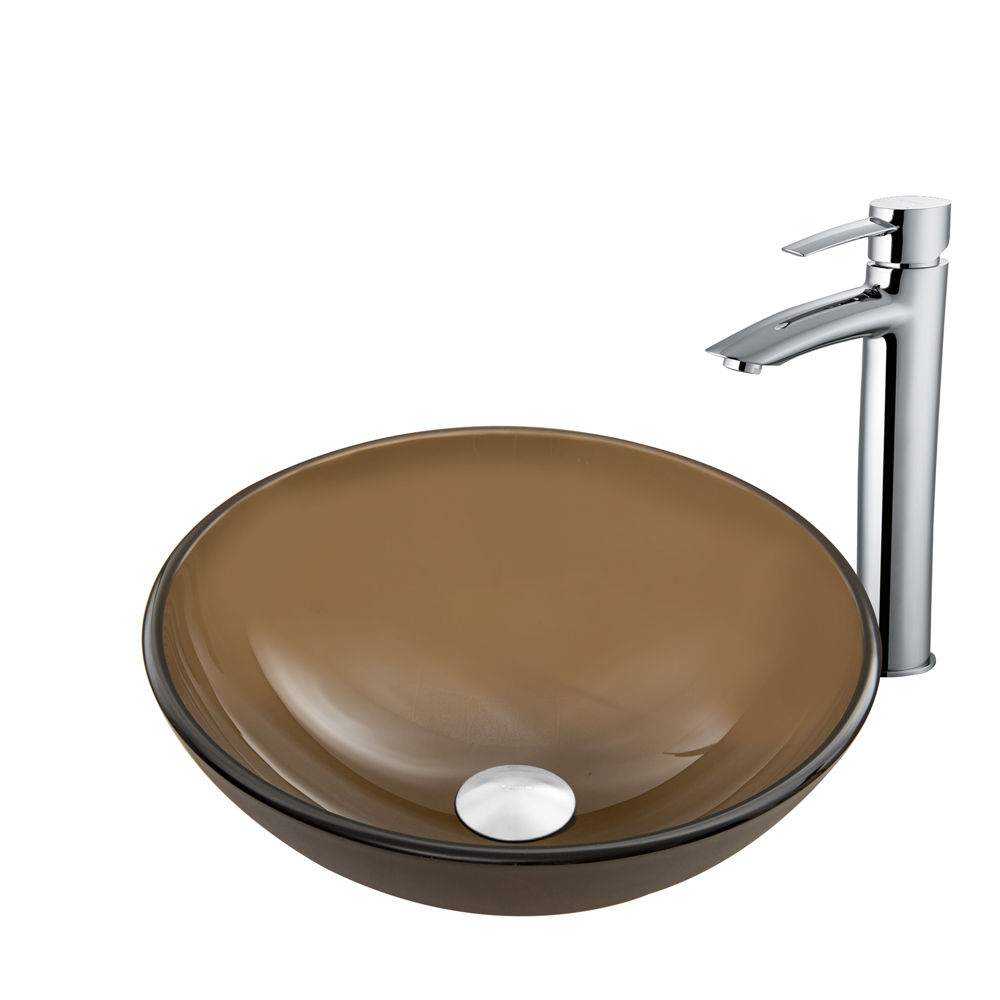 Sheer Sepia Glass Vessel Sink and Shadow Faucet Set in Chrome