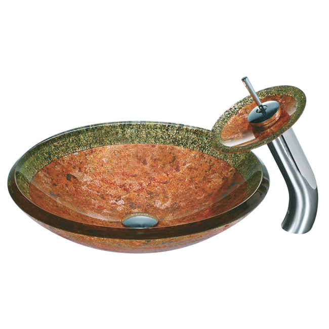 Janus Glass Vessel Sink and Waterfall Faucet Set in Chrome