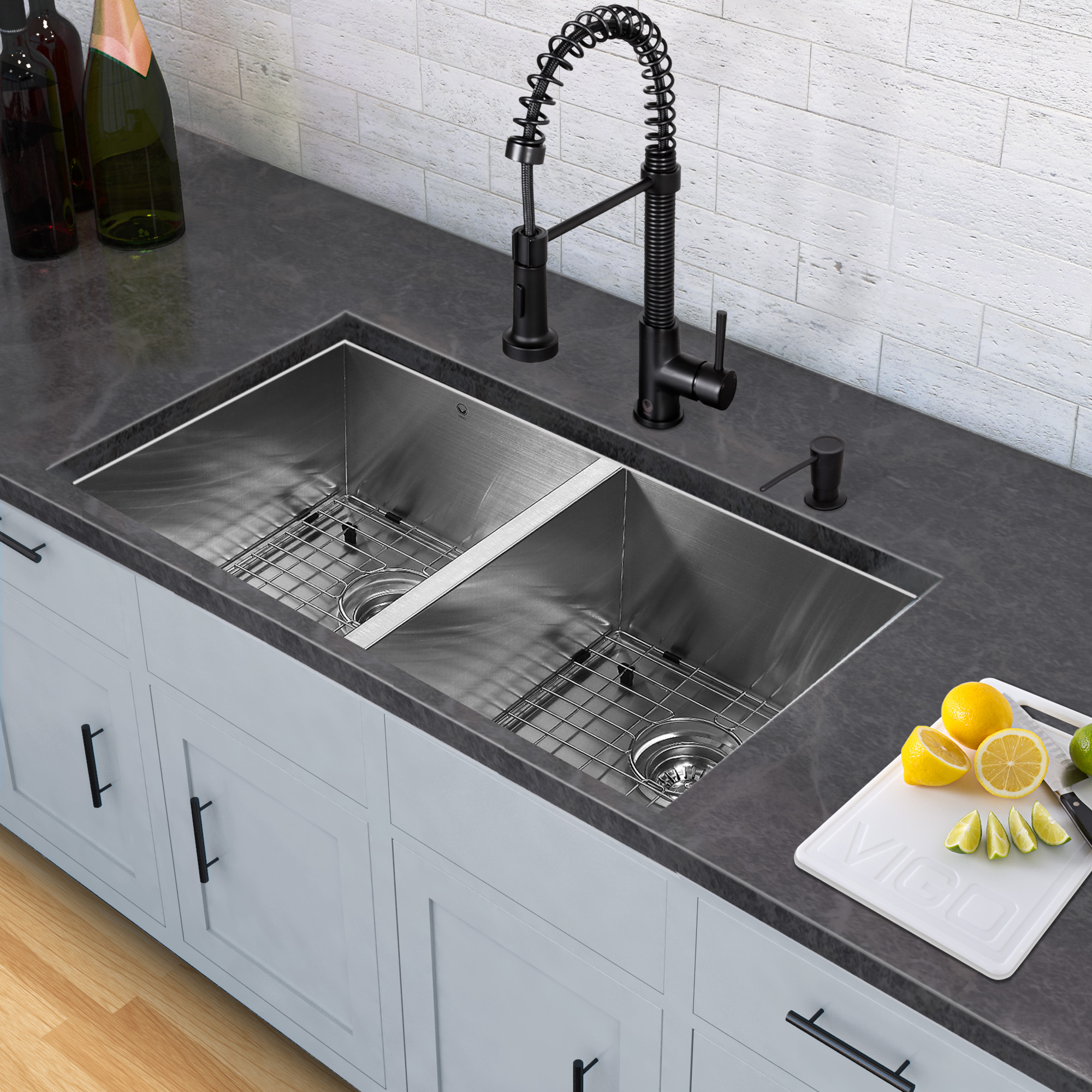 All-in-One Kitchen Set with 32-inch Stainless Steel Double Bowl Undermount Kitchen Sink and Edison Matte Black Pull-Down Spray Kitchen Faucet