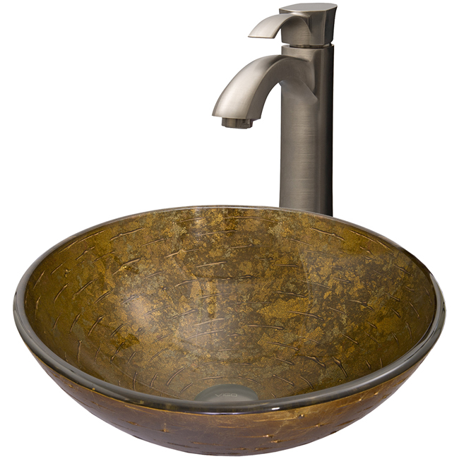 Textured Copper Glass Vessel Sink and Otis Faucet Set in Brushed Nickel